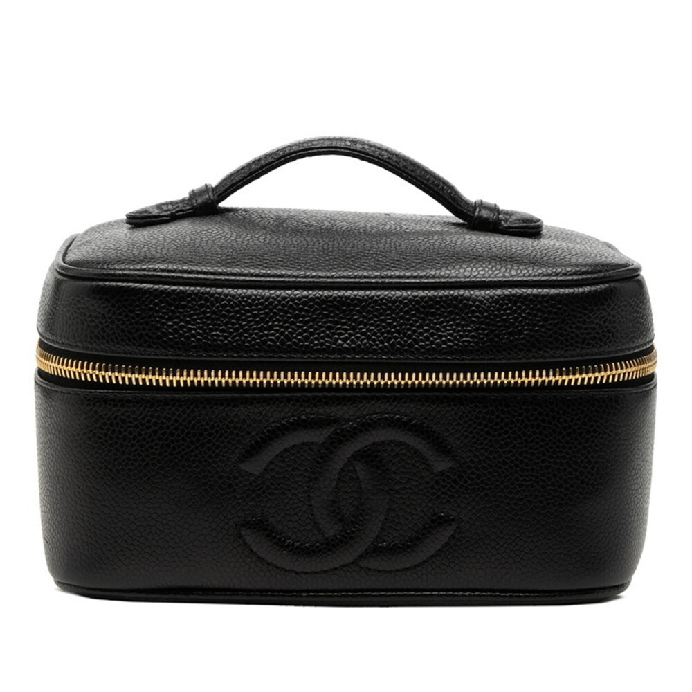 CHANEL Black Caviar Leather Logo Vanity Bag